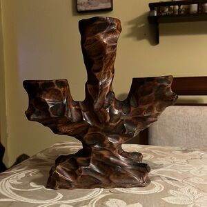 Vintage Primitive Carved KnottyWood Brutalist Style Candle Holder 10.5”